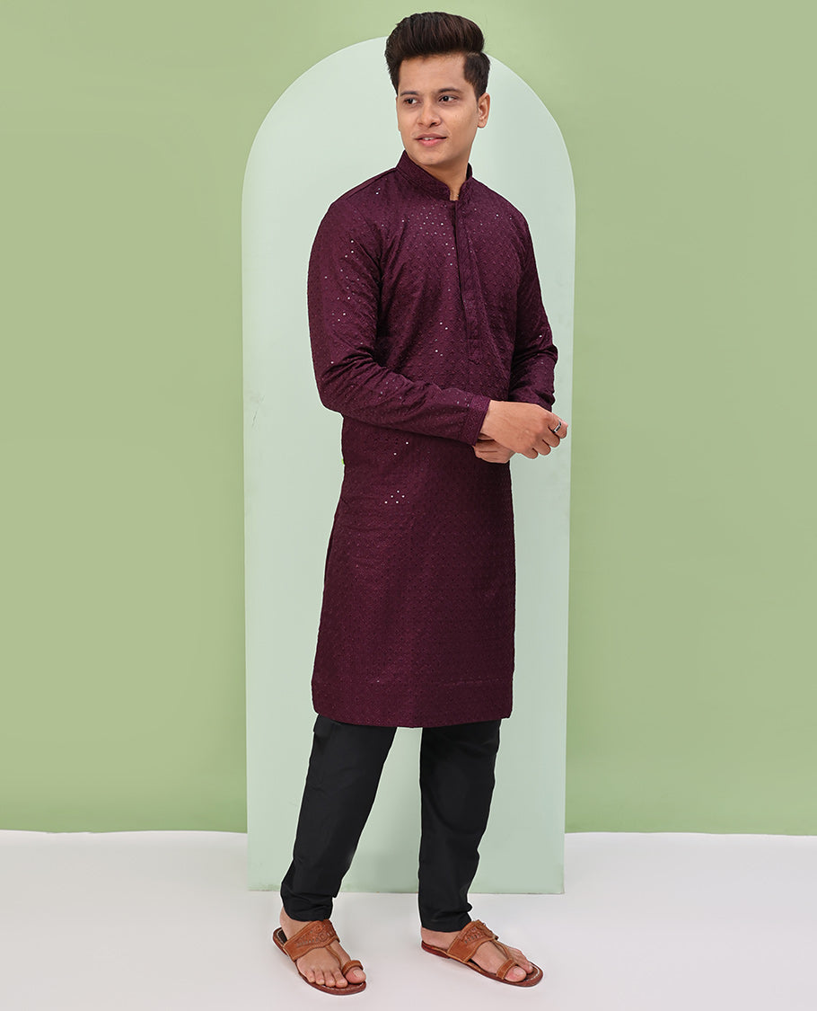 Wine color sequins embroidered full-sleeve kurta set