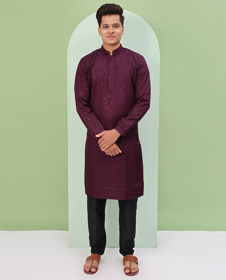 Wine color sequins embroidered full-sleeve kurta set