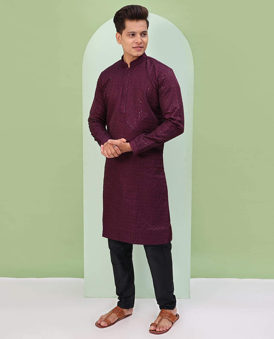 Wine color sequins embroidered full-sleeve kurta set