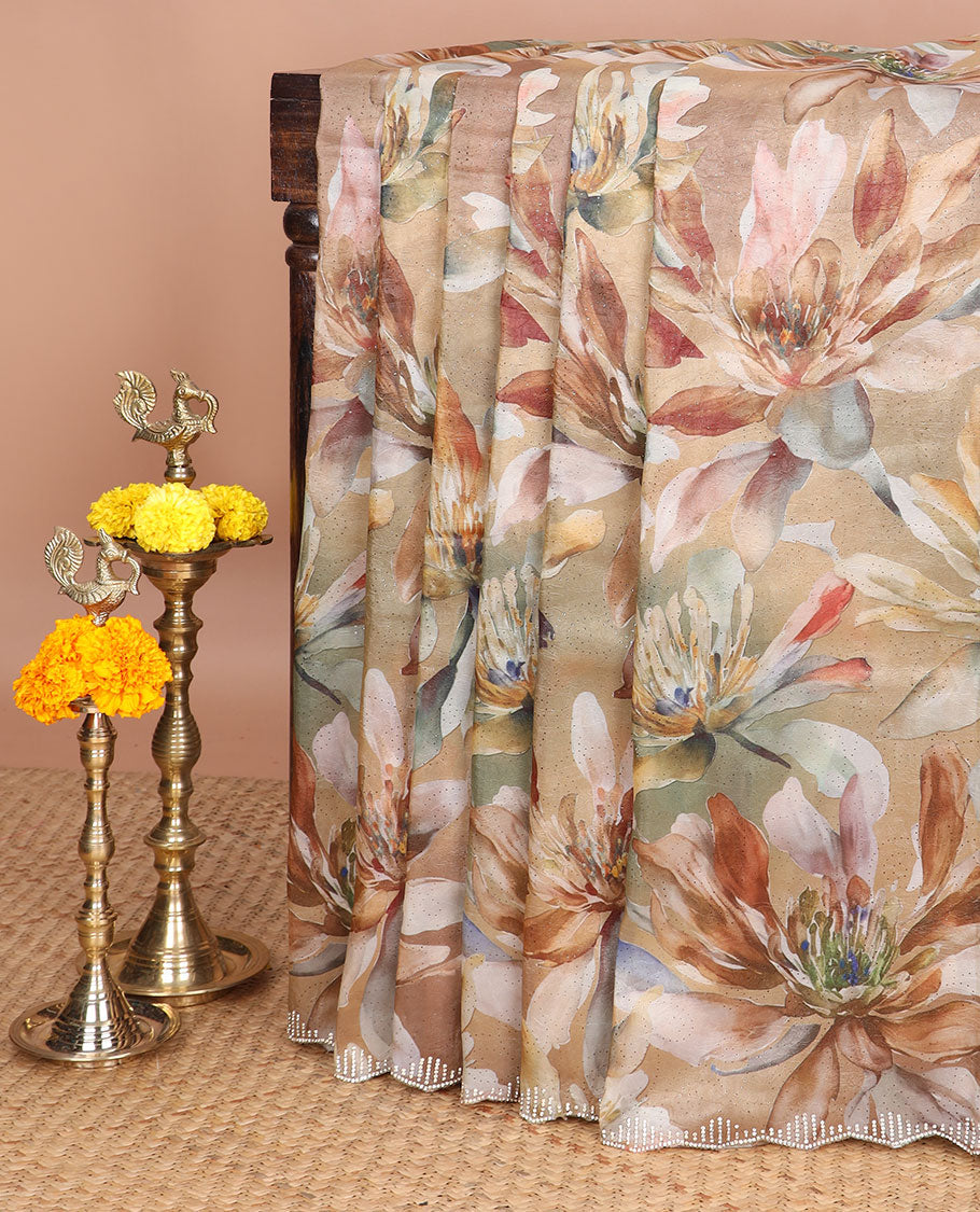 Mustard digital printed crush tissue saree with jargon stone work , scallop border & digital printed pallu along with swarovski stone work blouse