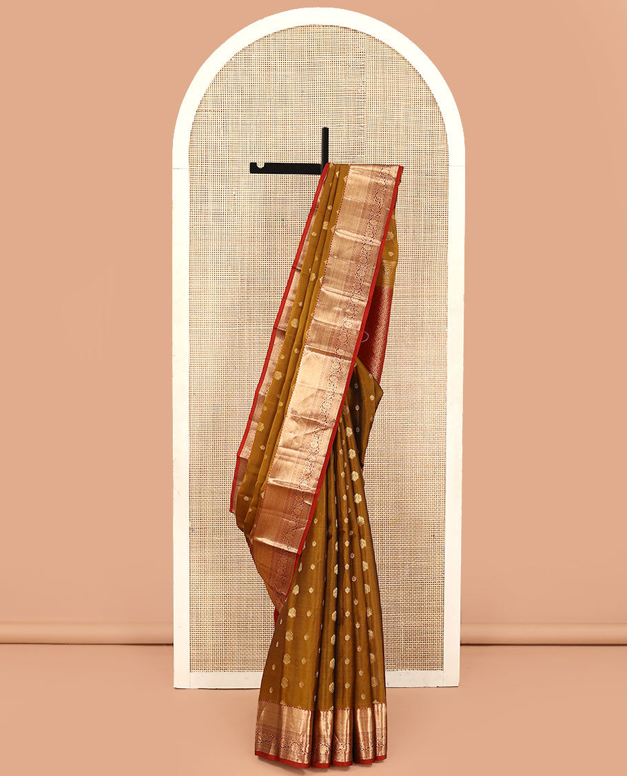 Mustard Vasundhara Lite Silk Mix Saree, Beautified with Zari Buttas, Complemented by a Contrast Border of Mayil Kann, and Kodi Visiry Designs, Grandly Woven Pallu, and Paired with a Contrast Blouse