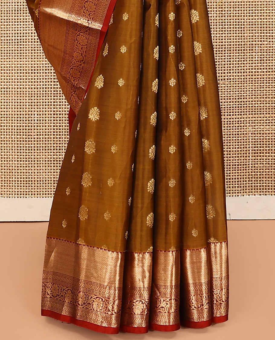 Mustard Vasundhara Lite Silk Mix Saree, Beautified with Zari Buttas, Complemented by a Contrast Border of Mayil Kann, and Kodi Visiry Designs, Grandly Woven Pallu, and Paired with a Contrast Blouse