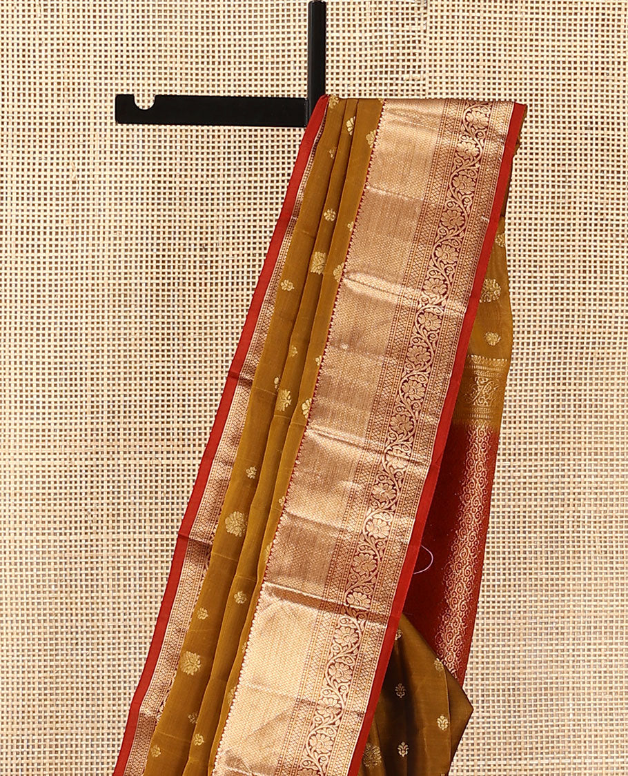 Mustard Vasundhara Lite Silk Mix Saree, Beautified with Zari Buttas, Complemented by a Contrast Border of Mayil Kann, and Kodi Visiry Designs, Grandly Woven Pallu, and Paired with a Contrast Blouse