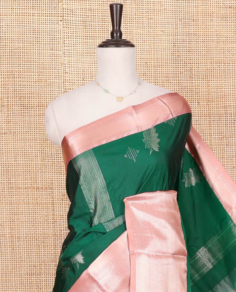 Dark Green Budget Silk Saree, Detailed with Zari Designs on Its Body, Complemented by a Contrast Traditional Zari Design Border, Intricately Designed Pallu, and Paired with a Contrast Blouse