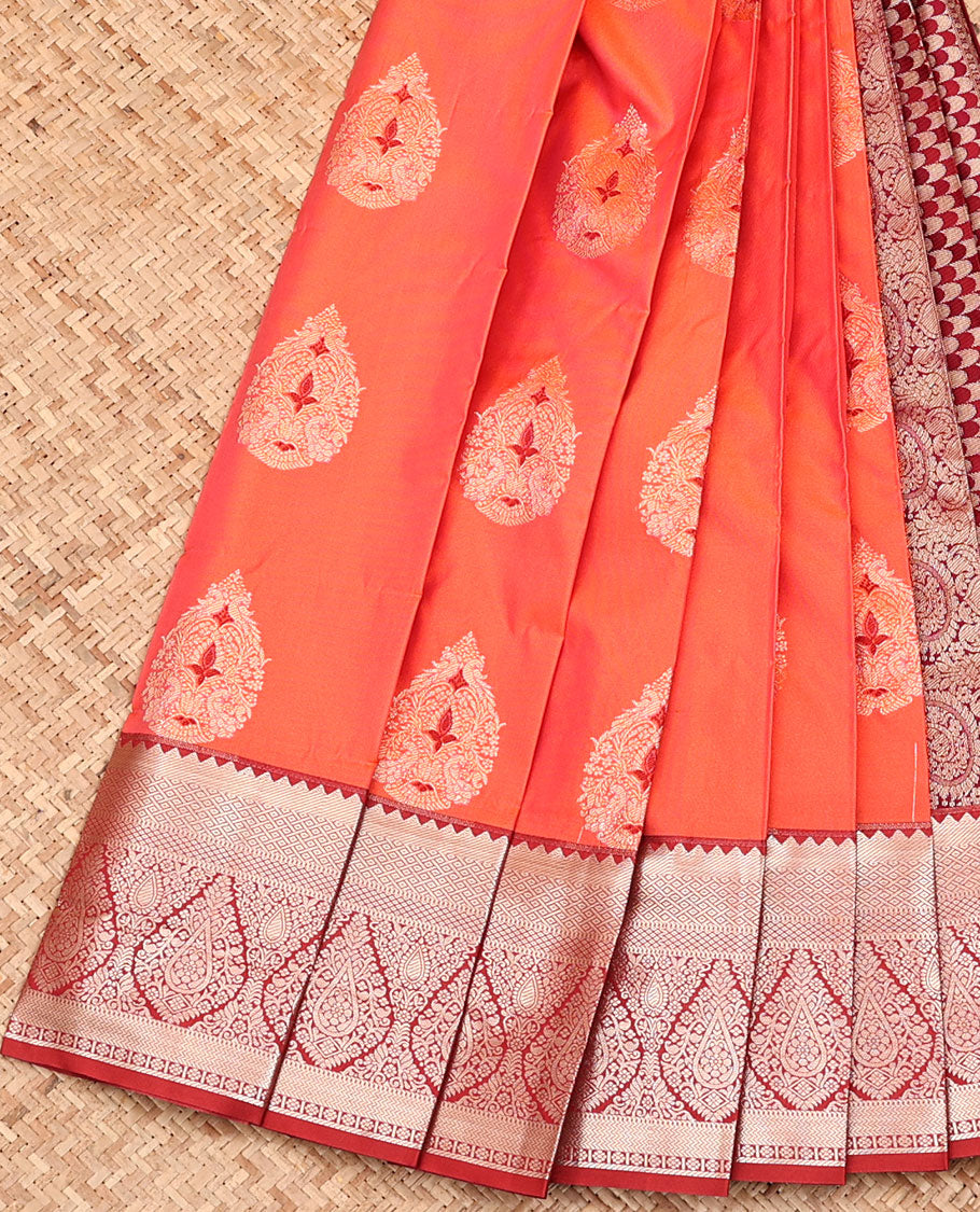 Orange Budget Silk Saree, Beautifully Bedecked with Zari Buttas, Complemented by a Contrast Traditional Zari Design Border, Grand Geometric Pallu, and Paired with a Contrast Blouse