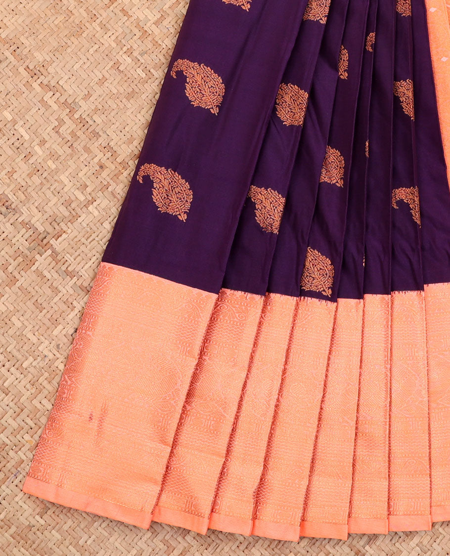 Purple Budget Silk Saree, Ornamented with Paisley Buttas All Over Its Body, Complemented by a Contrast Traditional Zari Design Border, Diagonally Striped Pallu, and Paired with a Contrast Blouse