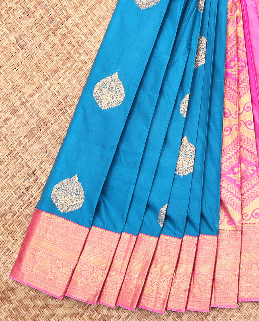 Blue Budget Silk Saree, Graced with Zari Buttas, Complemented by Contrast Traditional Zari Border, a Grand Pallu and a Contrast Blouse