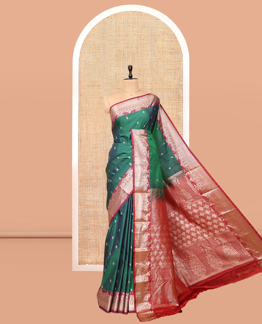 Green Budget Silk Saree, Elegantly Framed with Zari Buttas, Complemented by Contrast Traditional Zari Border, Pallu of Jaal and Paisleys, and Contrast Blouse