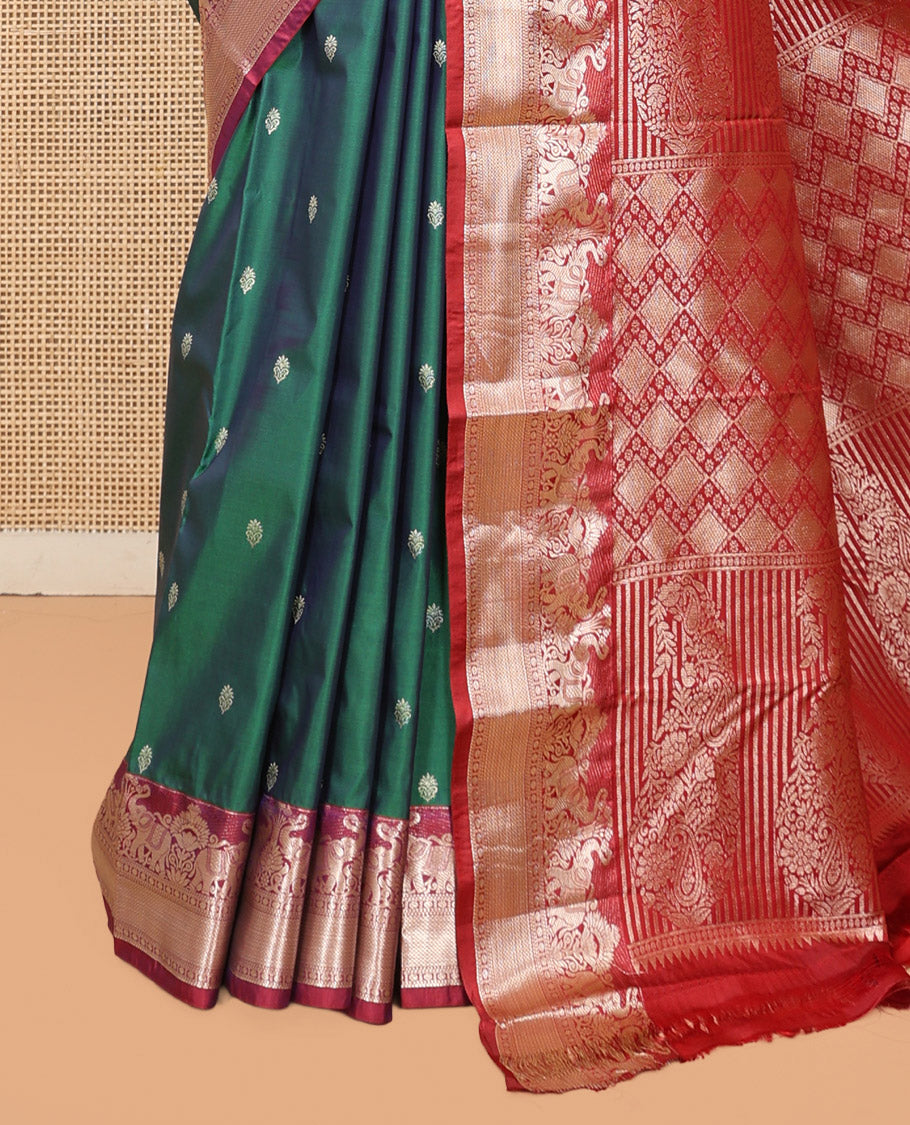 Green Budget Silk Saree, Elegantly Framed with Zari Buttas, Complemented by Contrast Traditional Zari Border, Pallu of Jaal and Paisleys, and Contrast Blouse