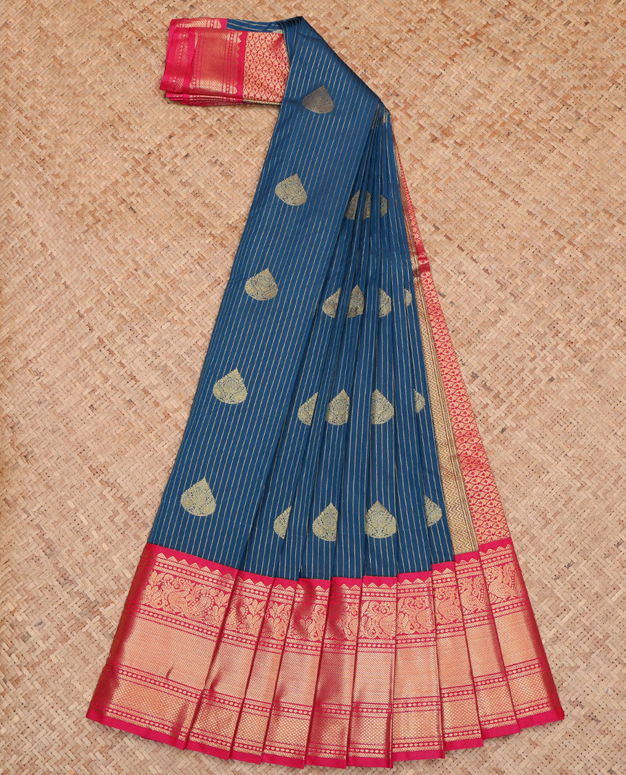 Blue Budget Silk Saree, Mesmerized with Zari Buttas and Stripes All Over Its Body, Complemented by Contrast Traditional Zari Design Border, Gleaming Jaal Pallu, and Paired with a Contrast Blouse