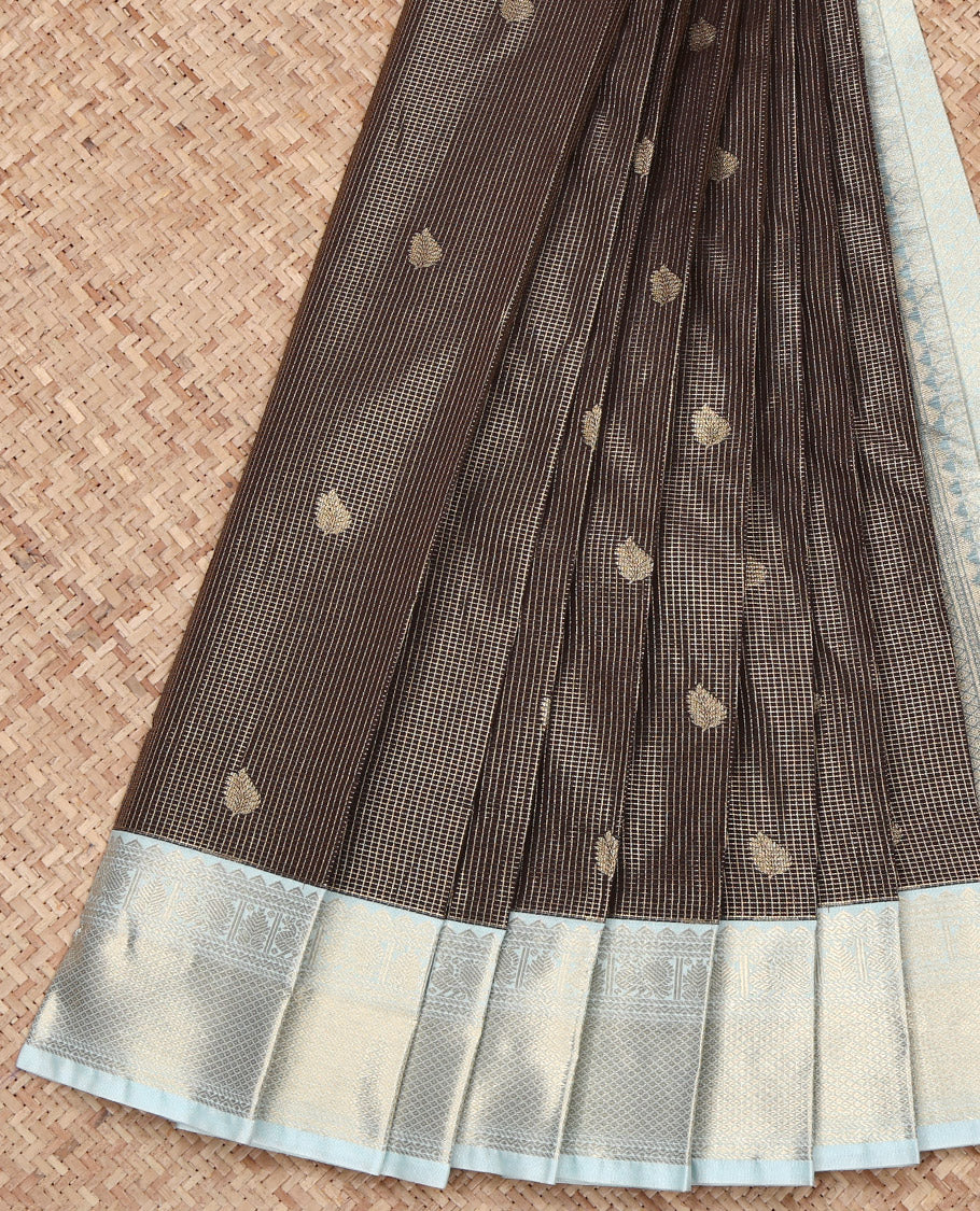 Brown Budget Silk Saree, Detailed with Zari Butta Enclosed Checks on Its Body, Complemented by a Contrast Traditional Zari Border, Jaal Pallu, and Paired with a Contrast Blouse