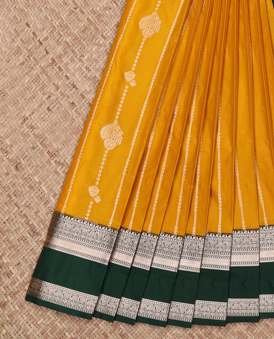 Yellow Budget Silk Saree, Decked Up with Zari Designs All Over Its Body, Complemented by a Contrast Traditional Zari Design Rettai Pettu Border, Intricate Pallu, and Paired with a Contrast Blouse