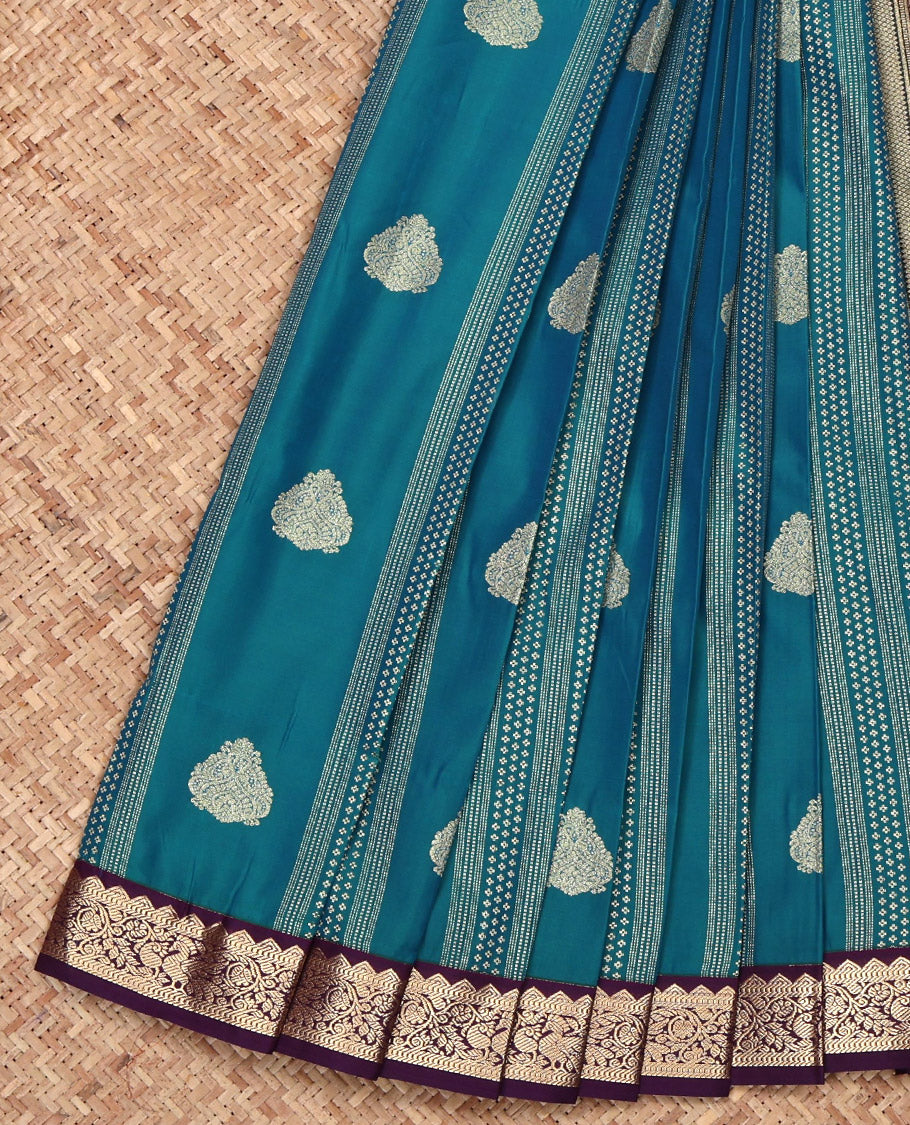 Blue Budget Silk Saree, Adorned with Zari Designs on Its Body, Complemented by a Contrast Traditional Zari Design Border, Geometric-Patterned Pallu, and Paired with a Contrast Blouse
