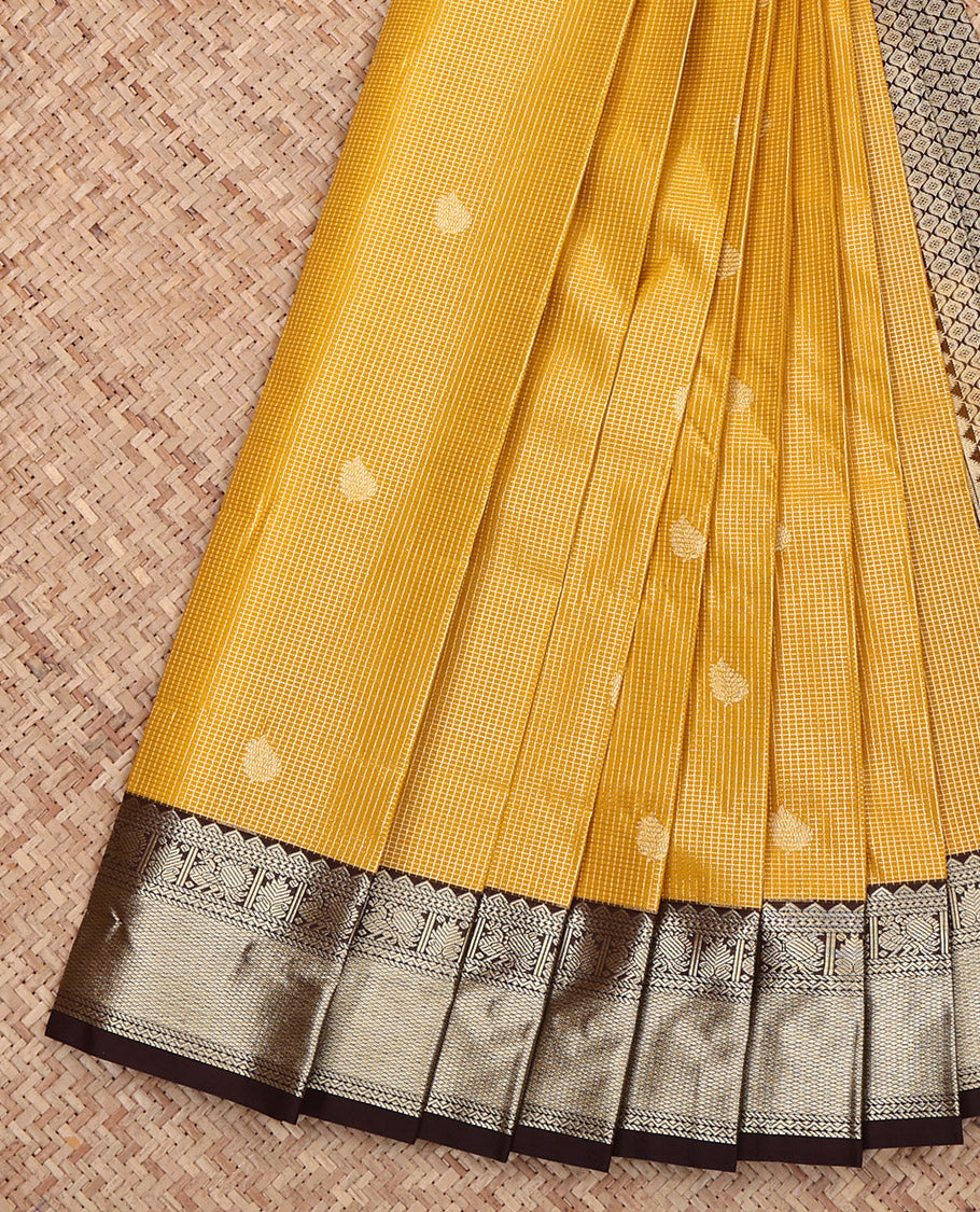 Yellow Budget Silk Saree, Prettified with Zari Buttas and Checks, Captivating Contrast Traditional Zari Design Border, Grand Jaal Pallu, and a Contrast Blouse