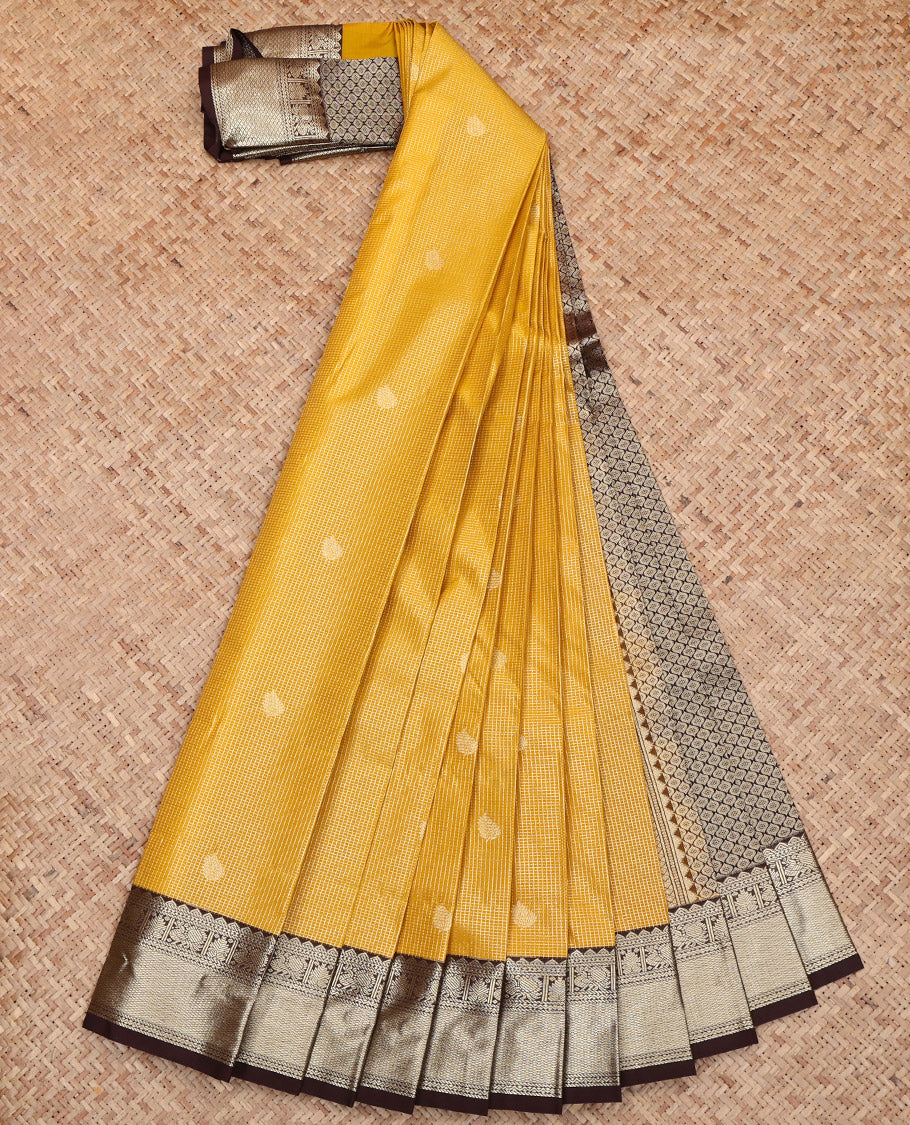 Yellow Budget Silk Saree, Prettified with Zari Buttas and Checks, Captivating Contrast Traditional Zari Design Border, Grand Jaal Pallu, and a Contrast Blouse