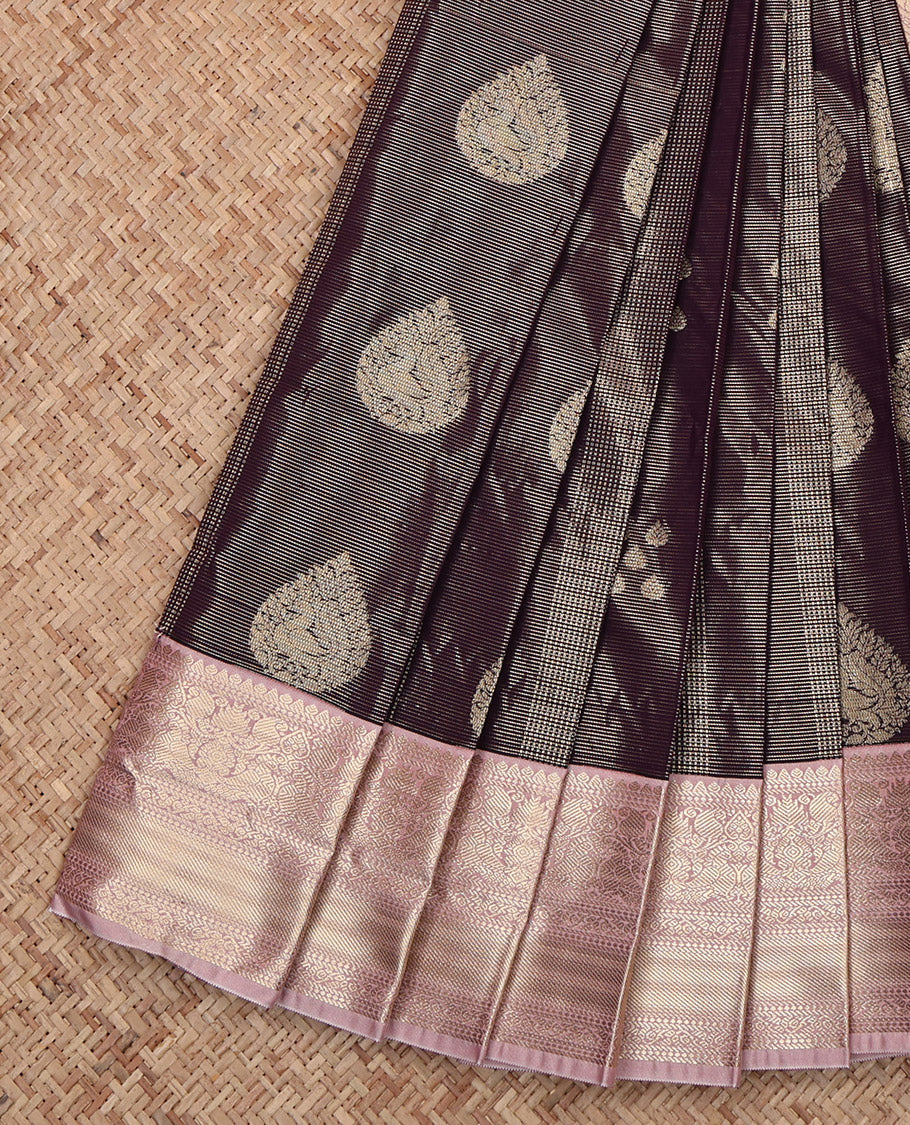 Dark Grey Budget Silk Saree Featuring Zari Buttas, Complemented by Contrast Traditional Design Zari Border, Grand Pallu and a Contrast Blouse