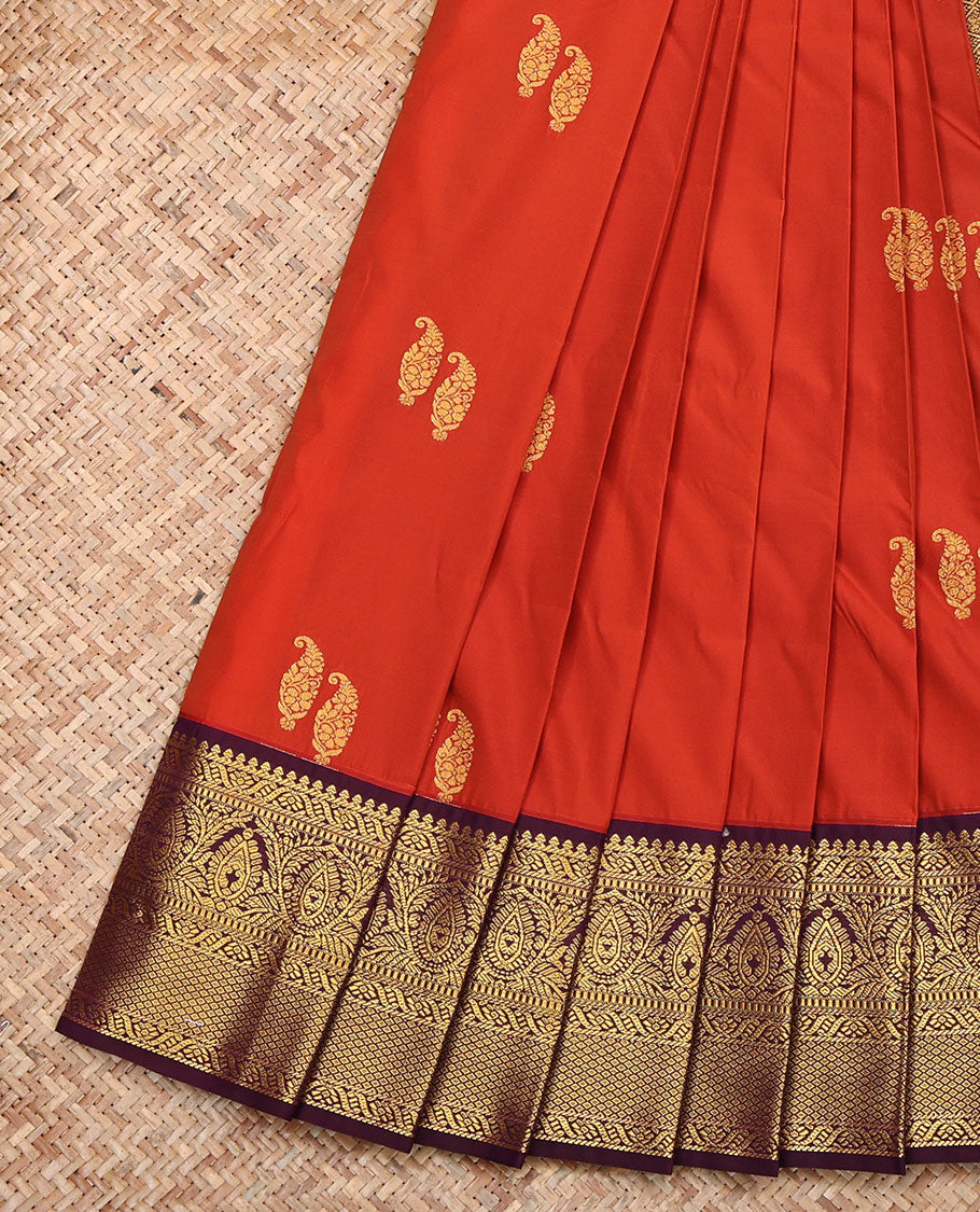 Rust Budget Silk Saree, Featuring Zari Buttas, Contrast Traditional Zari Border, Grand Jaal Pallu, and a Contrast Blouse
