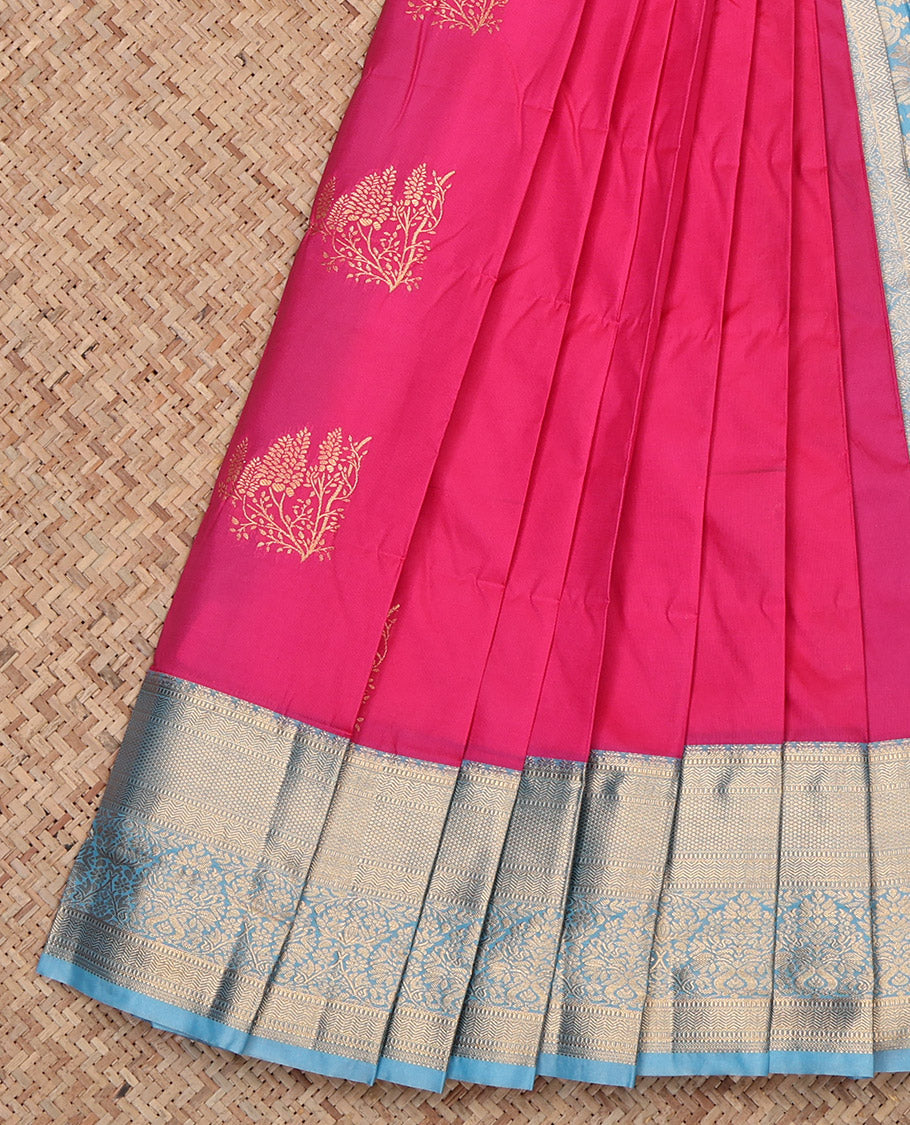 Pink Budget Silk Saree, Featuring Zari Buttas, Contrast Traditional Zari Border, Grand Pallu, and a Contrast Blouse