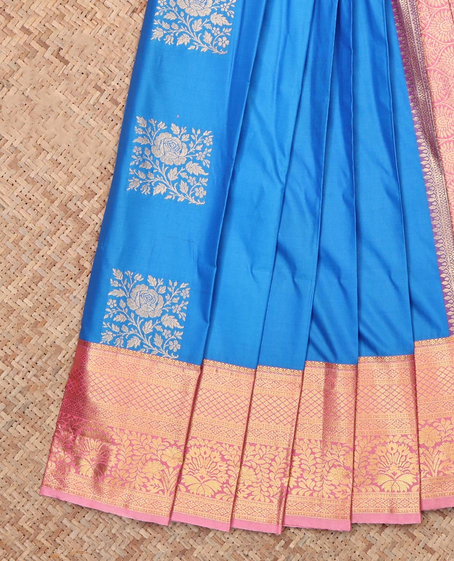Blue Budget Silk Saree, Charmingly Accentuated with Square Buttas, Complemented by Contrast Traditional Zari Border, Grand Pallu and a Contrast Blouse