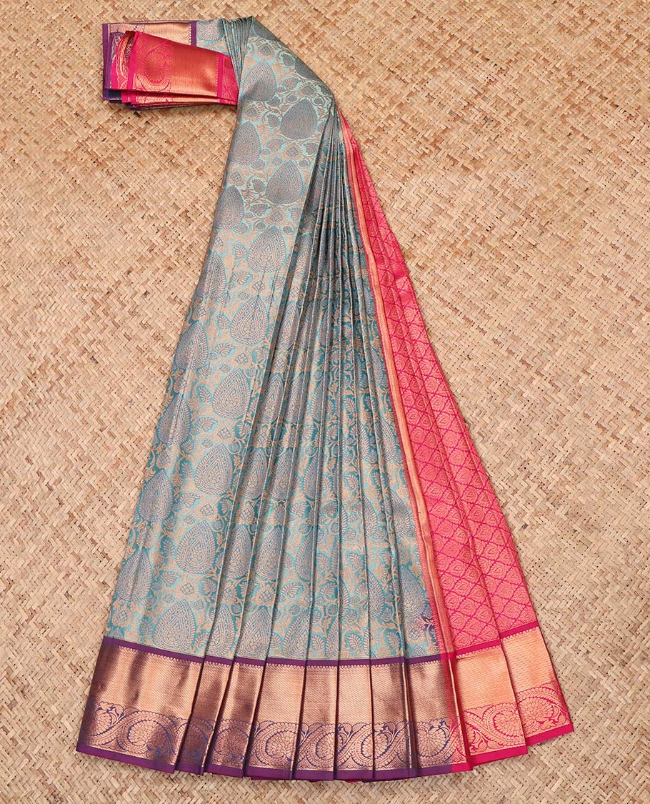 Blue Budget Silk Saree, Woven with Jacquard Design, Complemented by a Contrast Floral Creeper Zari Border, Grand Jaal Pallu, and a Contrast Blouse
