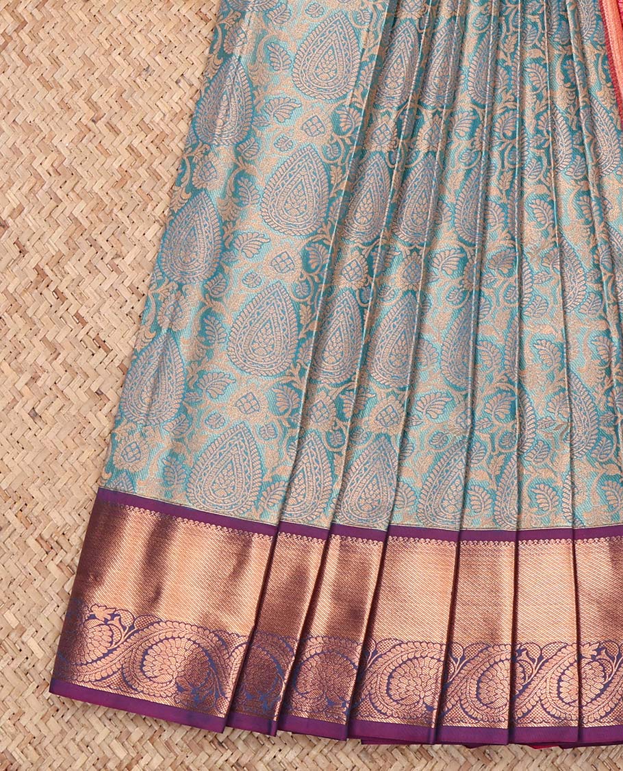 Blue Budget Silk Saree, Woven with Jacquard Design, Complemented by a Contrast Floral Creeper Zari Border, Grand Jaal Pallu, and a Contrast Blouse