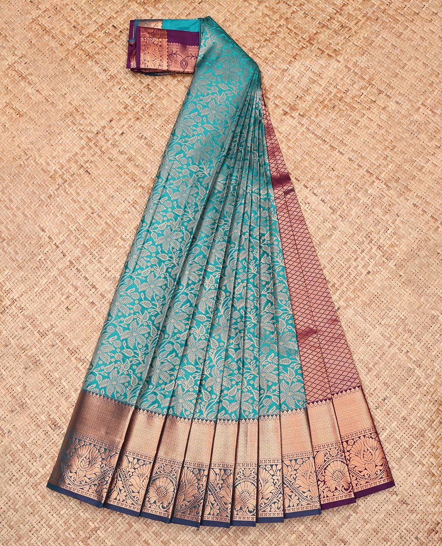 Blue Budget Silk Saree, Adorned with Jacquard Design, Complemented by a Contrast Traditional Zari Border, Jaal Pallu, and a Contrast Blouse