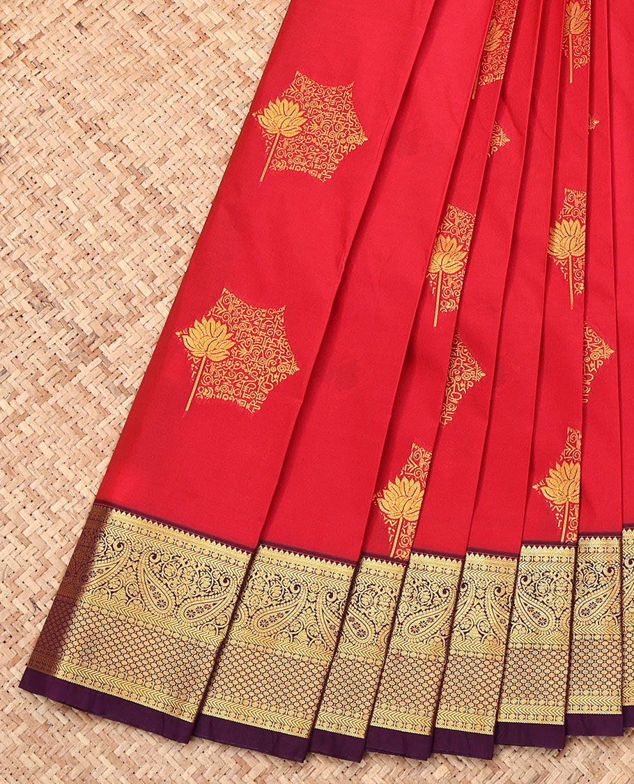 Red Budget Silk Saree, Accentuated with Zari Buttas, Complemented by Contrast Traditional Zari Border, Grand Pallu, and a Contrast Blouse