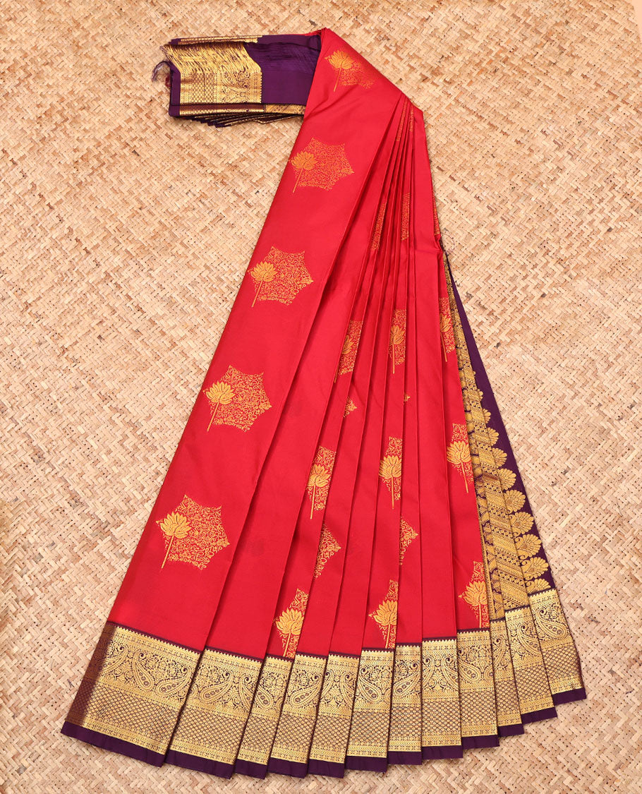 Red Budget Silk Saree, Accentuated with Zari Buttas, Complemented by Contrast Traditional Zari Border, Grand Pallu, and a Contrast Blouse