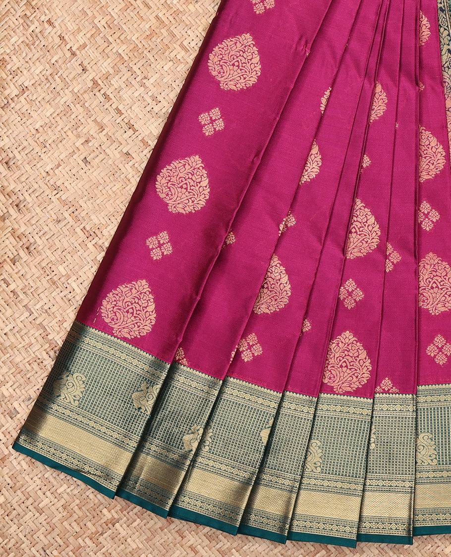 Purple Budget Silk Saree, Embellished with Zari Buttas, Complemented by a Contrast Traditional Zari Border, Jaal Pallu, and a Contrast Blouse