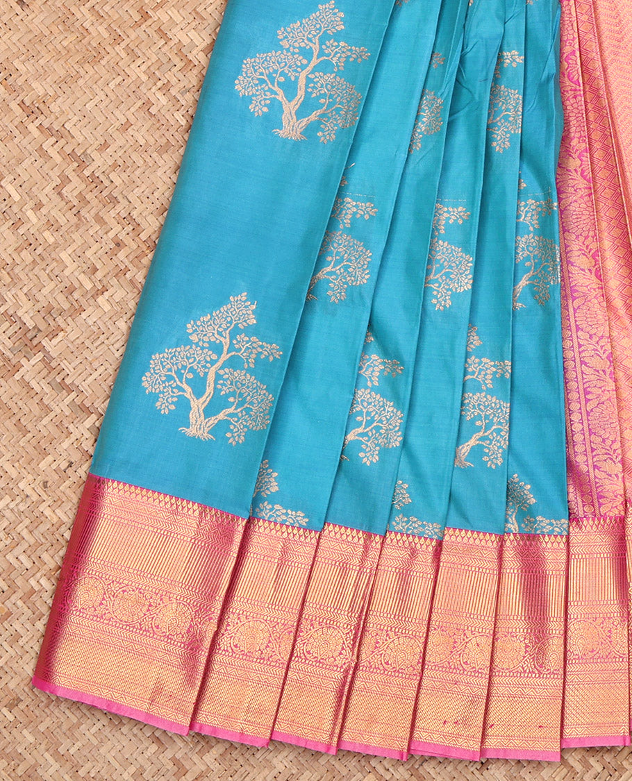 Blue Budget Silk Saree, Decorated with Tree Zari Buttas, Complemented by a Contrast Traditional Border, Grand Pallu, and a Contrast Blouse