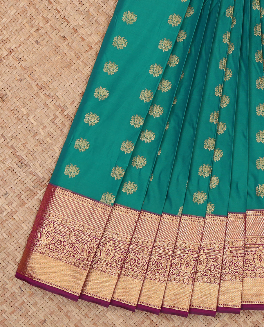 Green Budget Silk Saree, Steeped with Zari Buttas, Complemented by a Contrast Traditional Zari Border, Grand Pallu, and a Contrast Blouse
