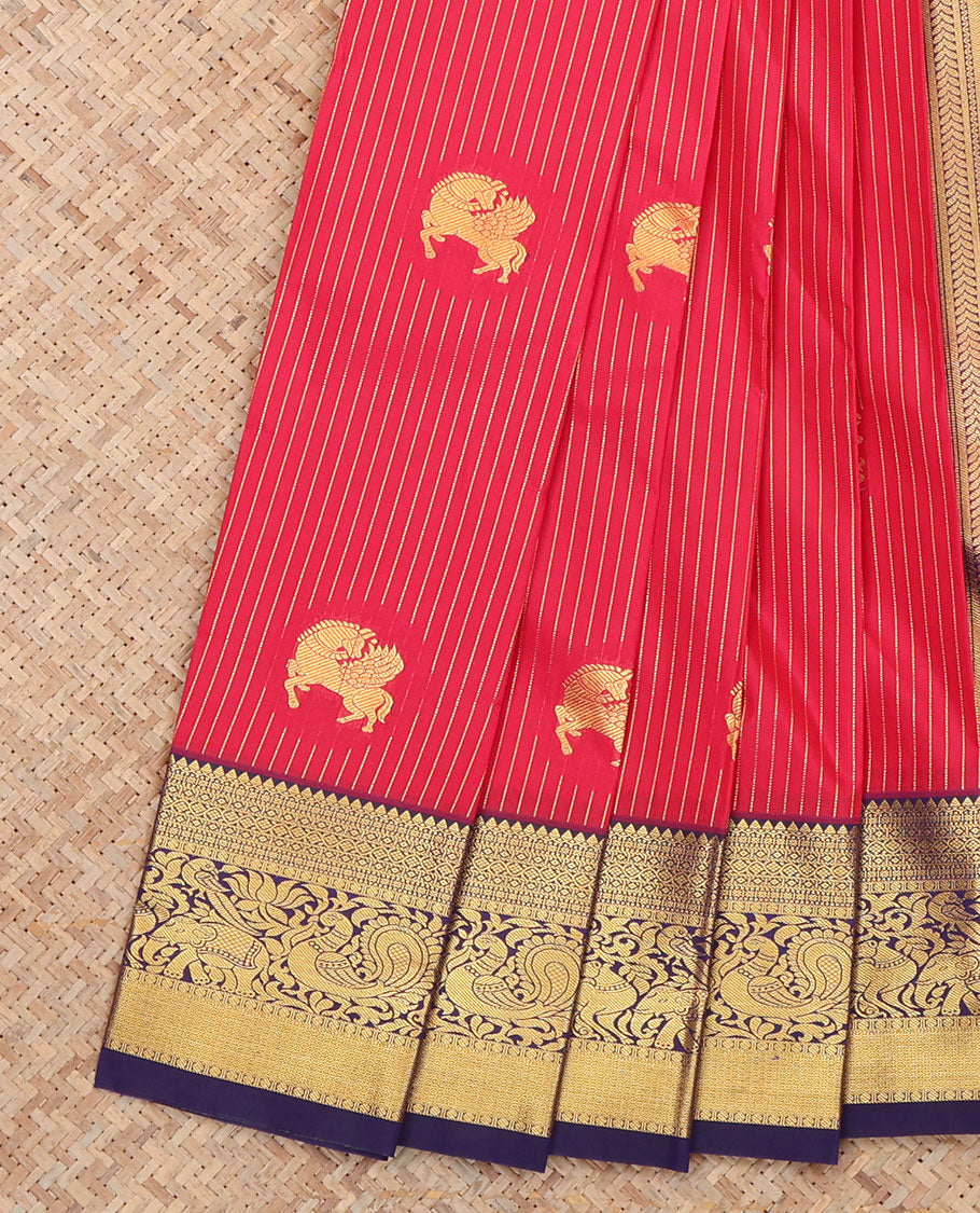 Red Budget Silk Saree, Enriched with Horse Buttas and Stripes, a Contrast Traditional Elephant-Peacock Zari Border, a Grand Pallu and a Contrast Blouse