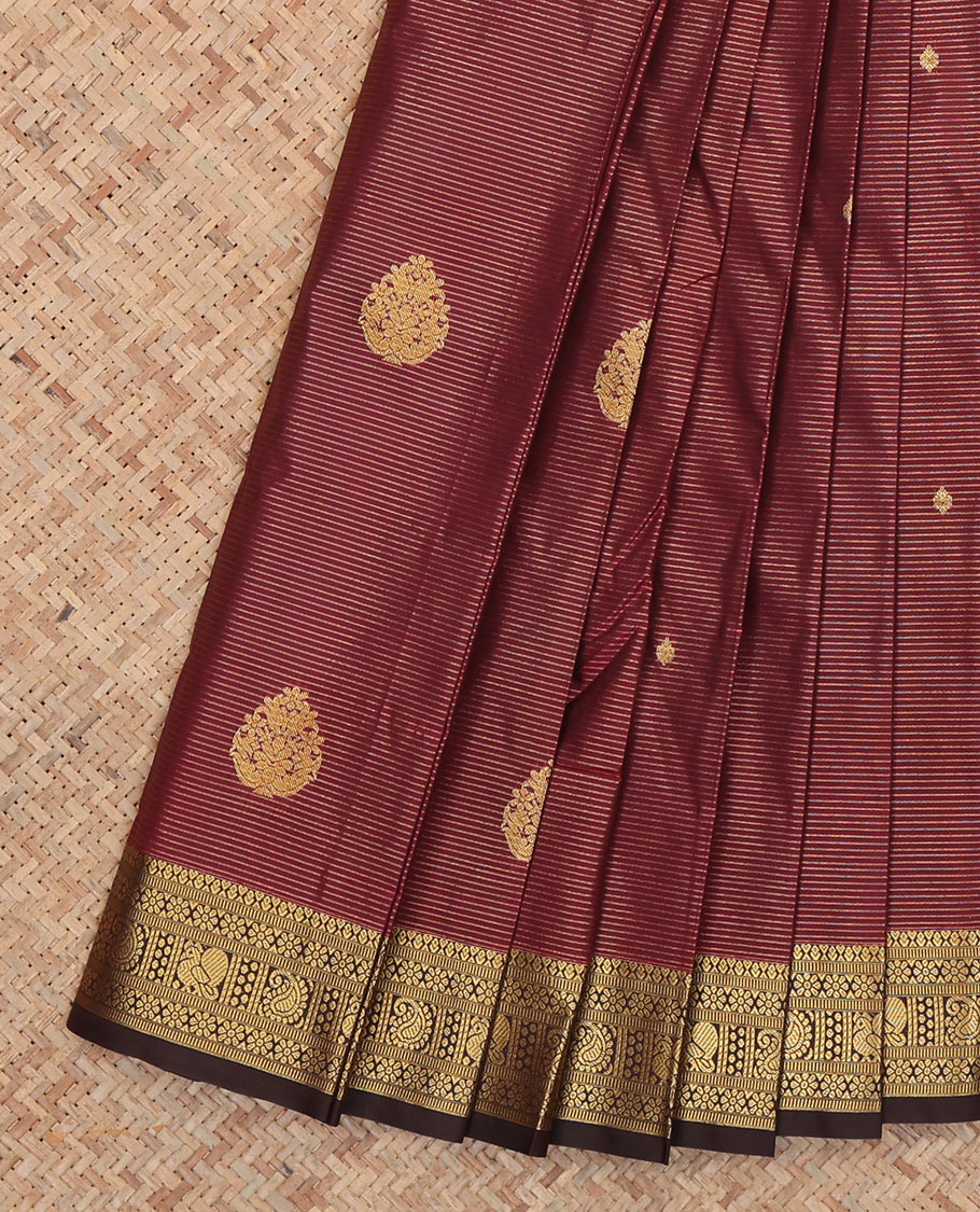Maroon Budget Silk Saree, Woven with Zari Buttas and Stripes, Complemented by Contrast Traditional Zari Border, a Jaal Pallu and a Contrast Blouse