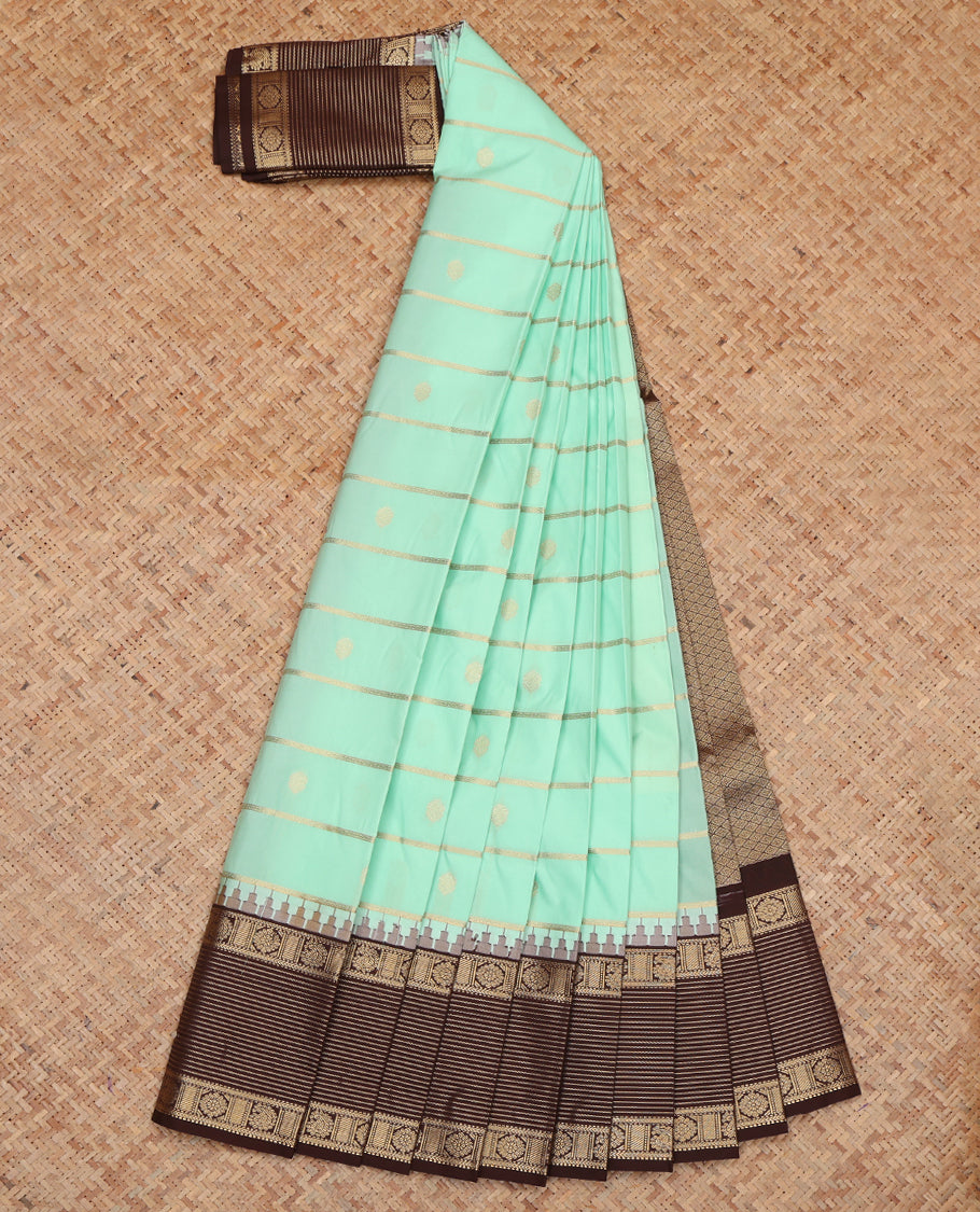 Turquoise Budget Silk Saree, Embellished with Zari Buttas and Stripes, Complemented by a Contrast Traditional Zari Border, Grand Jaal Pallu, and Contrast Blouse