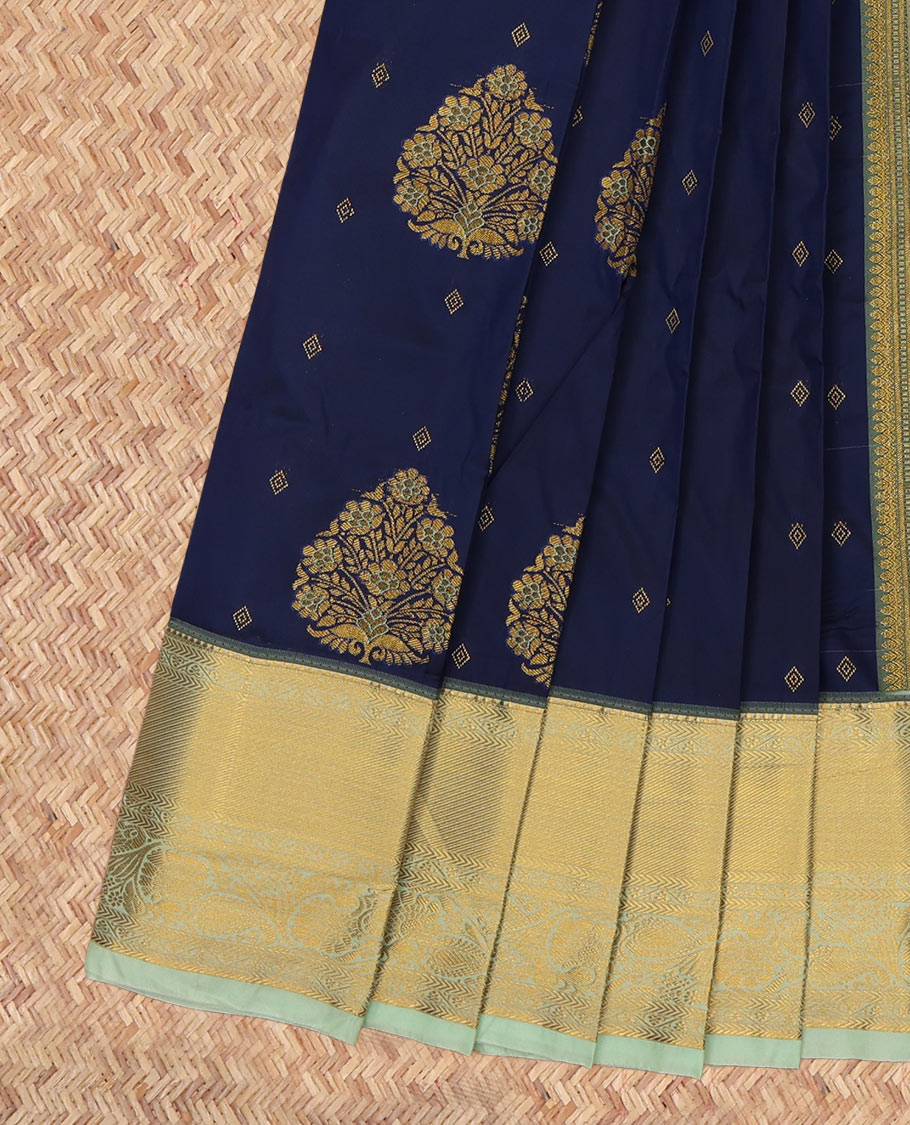 Navy Blue Budget Silk Saree, Elevated with Zari Buttas, a Contrast Traditional Zari Border, Grand Jaal Pallu, and a Contrast Blouse