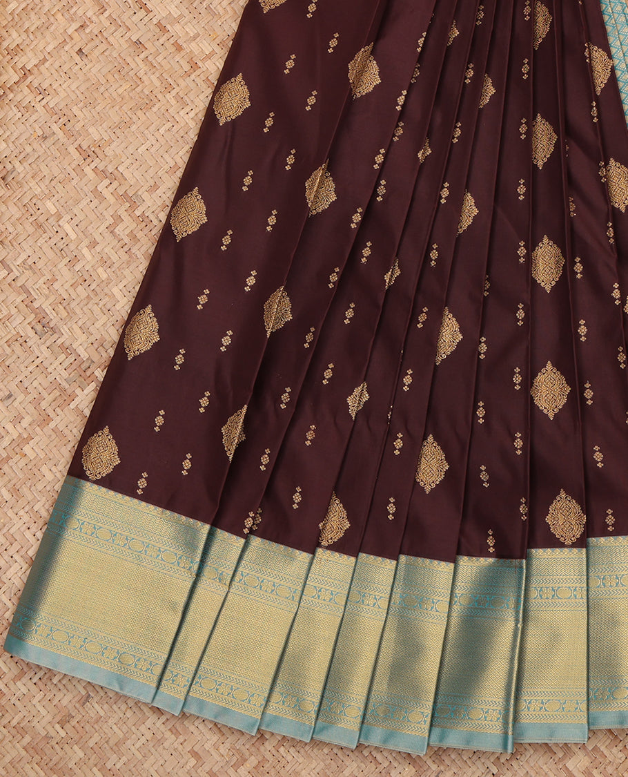 Brown Budget Silk Saree, Beautified with Zari Buttas, a Contrast Traditional Zari Border, Intricate Pallu, and a Contrast Blouse