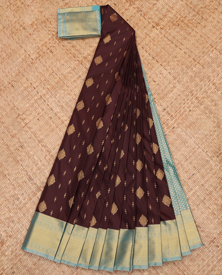 Brown Budget Silk Saree, Beautified with Zari Buttas, a Contrast Traditional Zari Border, Intricate Pallu, and a Contrast Blouse