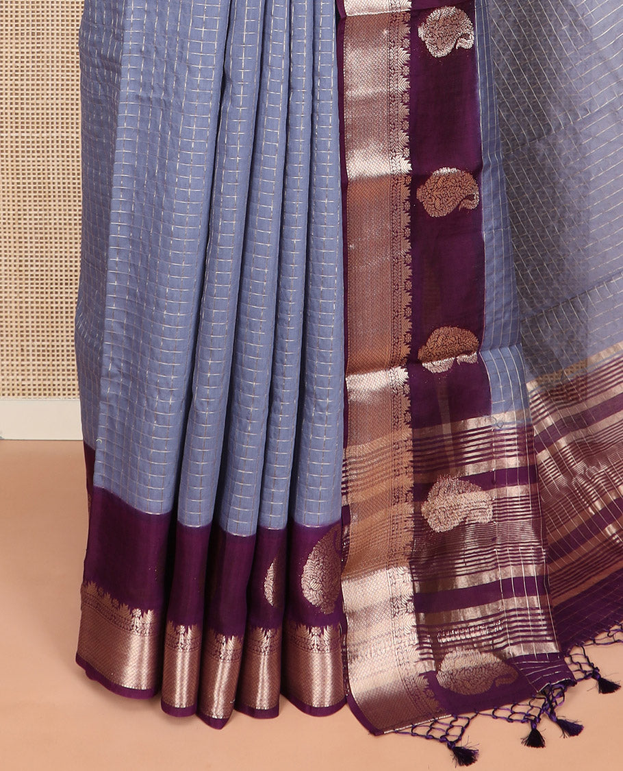 Grey zari checked Assam silk saree, contrast traditional zari border of paisleys, and pallu of zari stripes