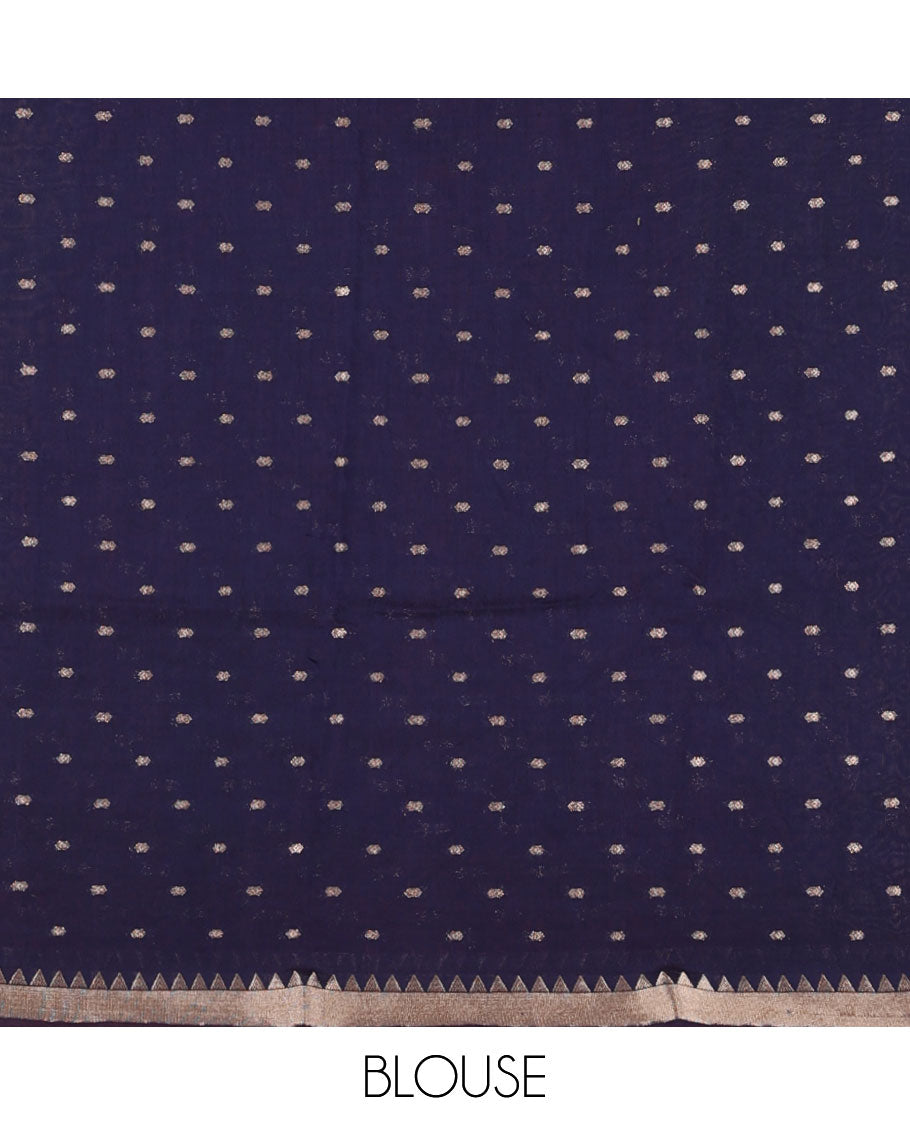 Navy blue zari buttas Assam silk saree, temple border, and zari striped pallu