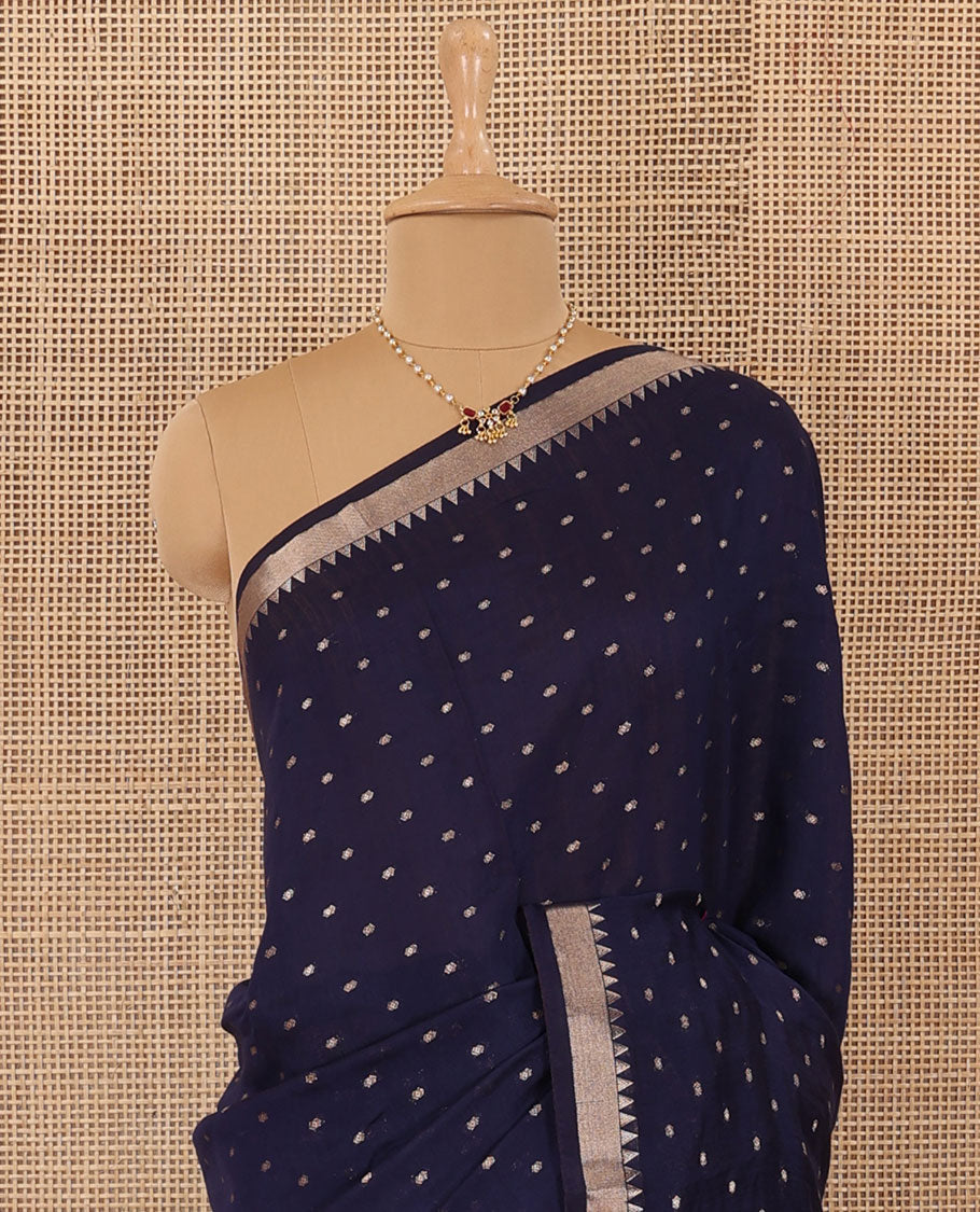 Navy blue zari buttas Assam silk saree, temple border, and zari striped pallu