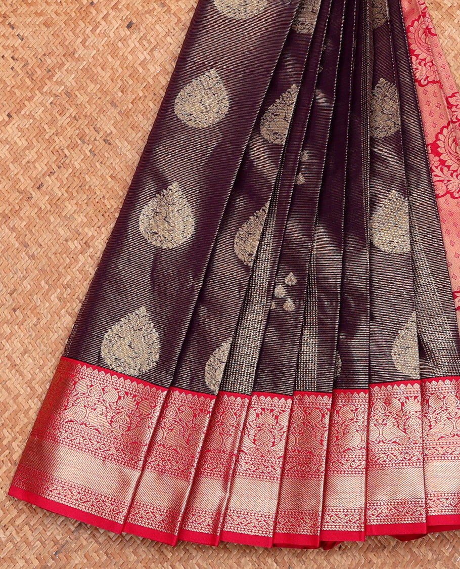 Brown Budget Silk Saree, Elegantly Highlighted with Zari Buttas and Stripes, Complemented by a Contrast Traditional Zari Border, Paisley Pallu, and Contrast Blouse