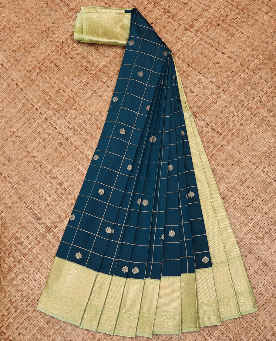 Blue Budget Silk Saree, Gleamed Up with Zari Butta Enclosed Checks All Over Its Body, Complemented by a Contrast Traditional Zari Design Border, Sparsely Sparkled Pallu, and Paired with a Contrast Blouse