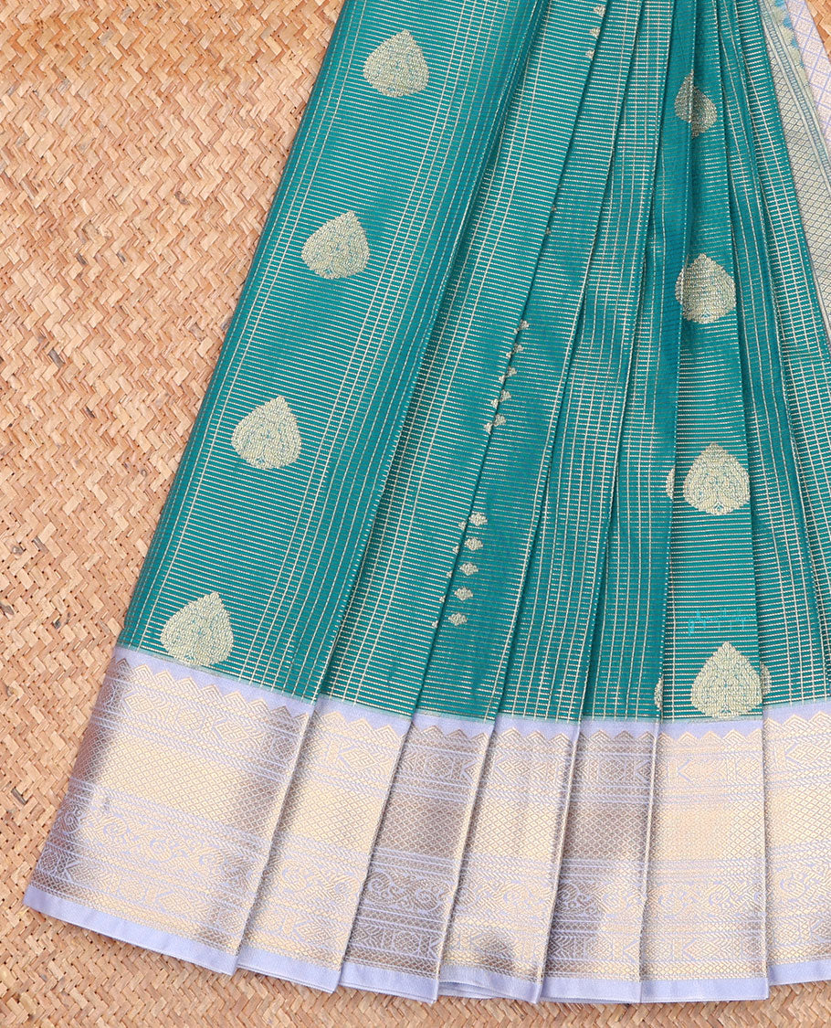 Blue Budget Silk Saree, Decorated with Zari Buttas and Zari Checks on Its Body, Complemented by a Contrast Traditional Zari Design Border, Grand Jaal Pallu, and Paired with a Contrast Blouse