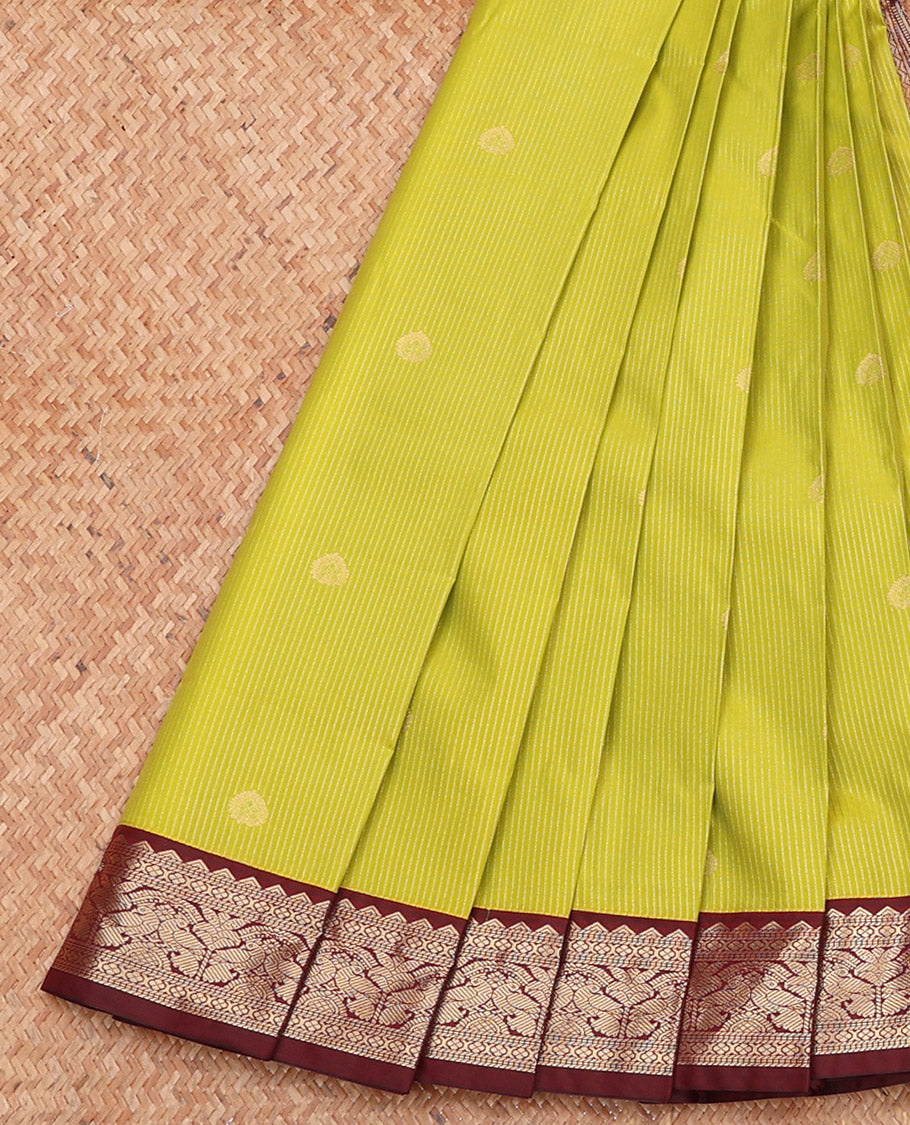 Parrot Green Budget Silk Saree, Sparsely Woven with Zari Buttas and Stripes, Complemented by a Contrast Traditional Zari Border, Geometric Pallu, and a Contrast Blouse