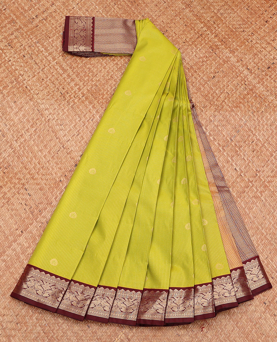 Parrot Green Budget Silk Saree, Sparsely Woven with Zari Buttas and Stripes, Complemented by a Contrast Traditional Zari Border, Geometric Pallu, and a Contrast Blouse