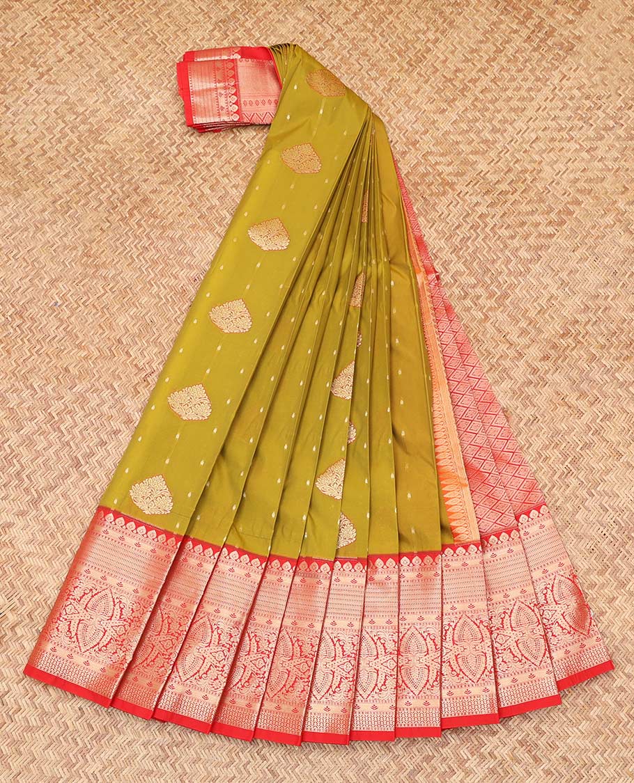 Green Budget Silk Saree, Styled with Zari Buttas, Complemented by Contrast Traditional Zari Border, a Grand Jaal Pallu and a Contrast Blouse
