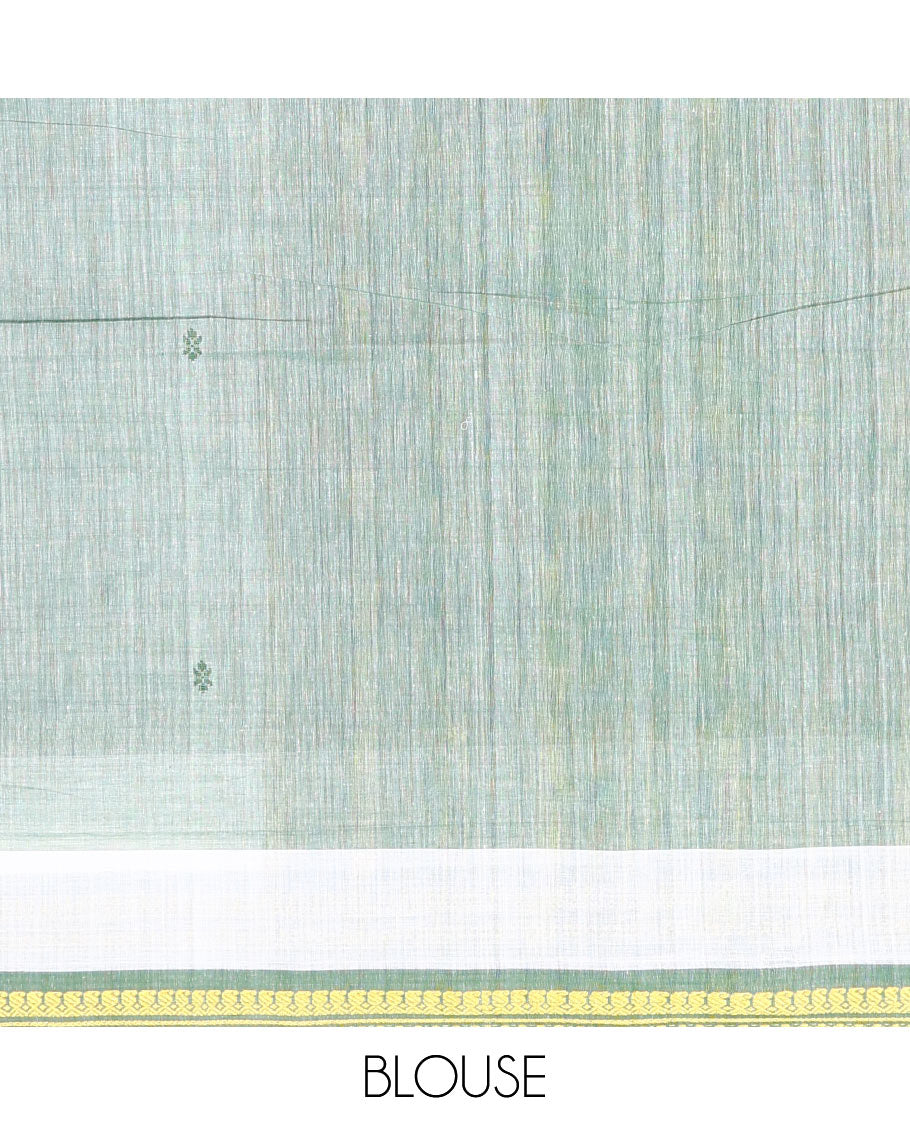 Light green buttas Andhra cotton saree, contrast traditional zari border, and pallu of zari stripes