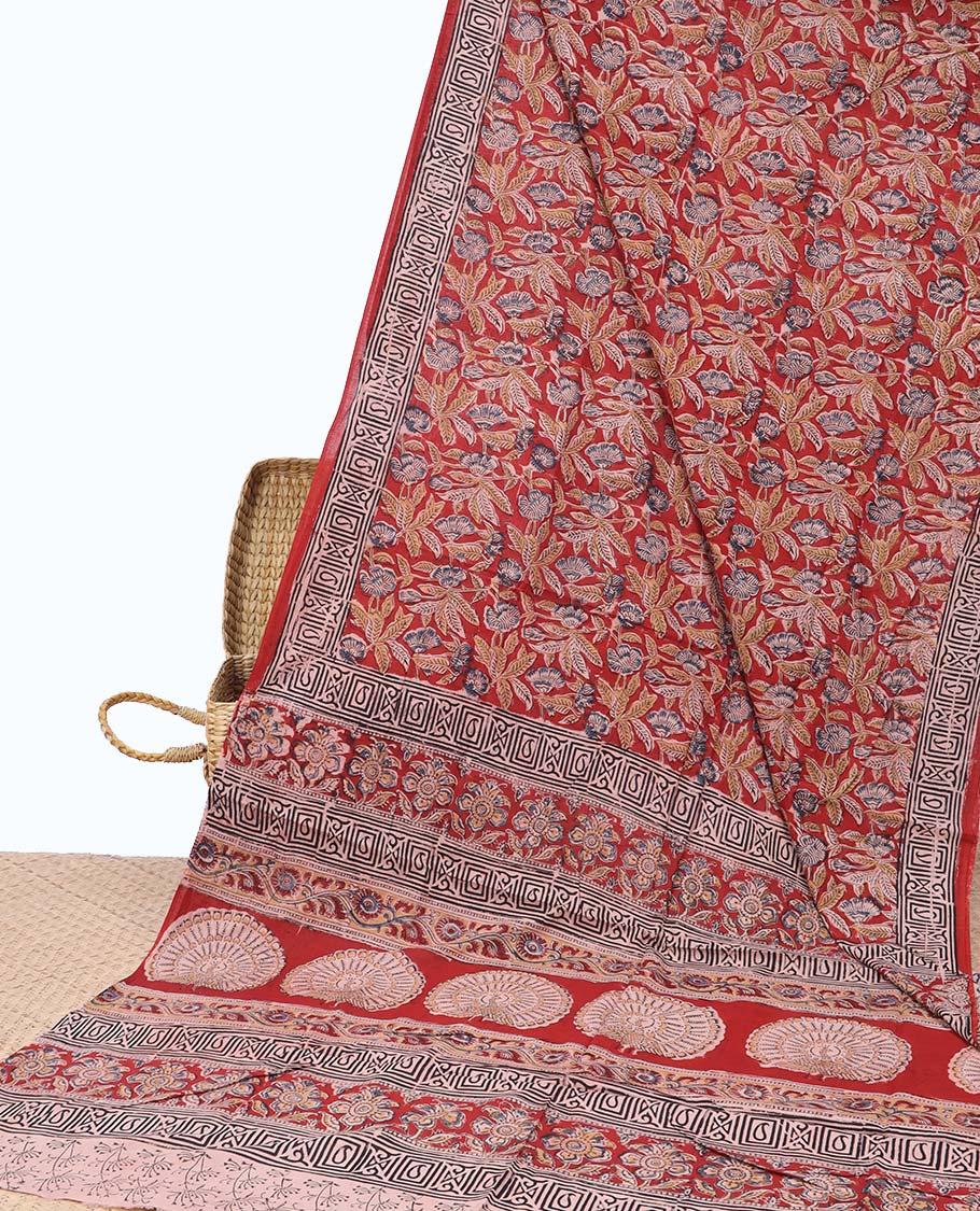 Red leaf design machine-printed kalamkari cotton saree with contrast intricate geometric design border & geometric, floral design pallu