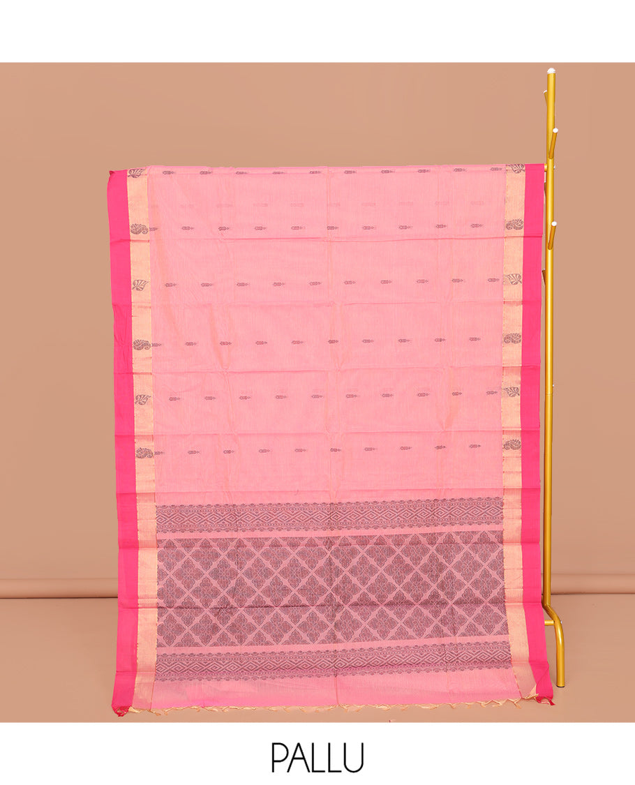 Pink Kanchi Cotton Saree, Bedecked with Buttas All Over Its Body, Complemented by a Contrast Border of Paisley and Leaf Designs, Pallu of Jaal Designs, and Paired with a Matching Blouse