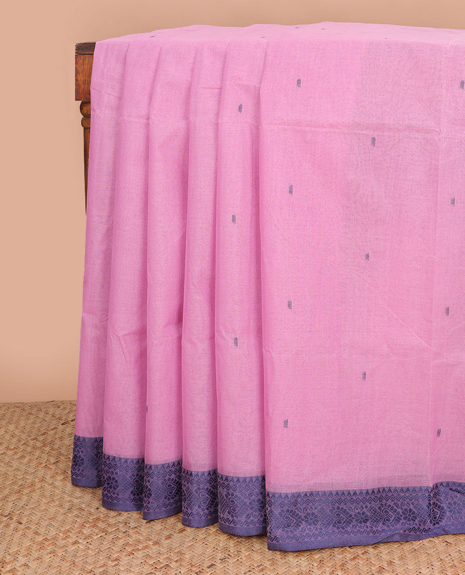 Pink motifs bengal cotton saree with contrast floral design border & striped, motifs pallu